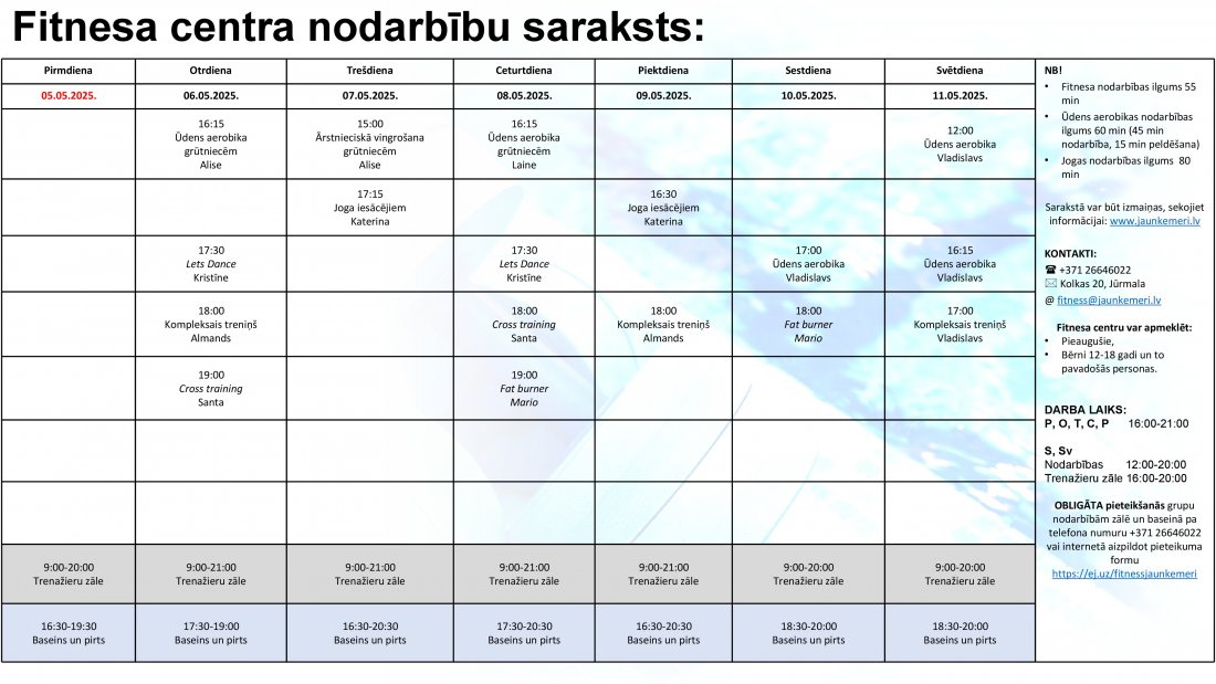 Nodarbību saraksts no 5.05.2025. līdz 11.05.2025.