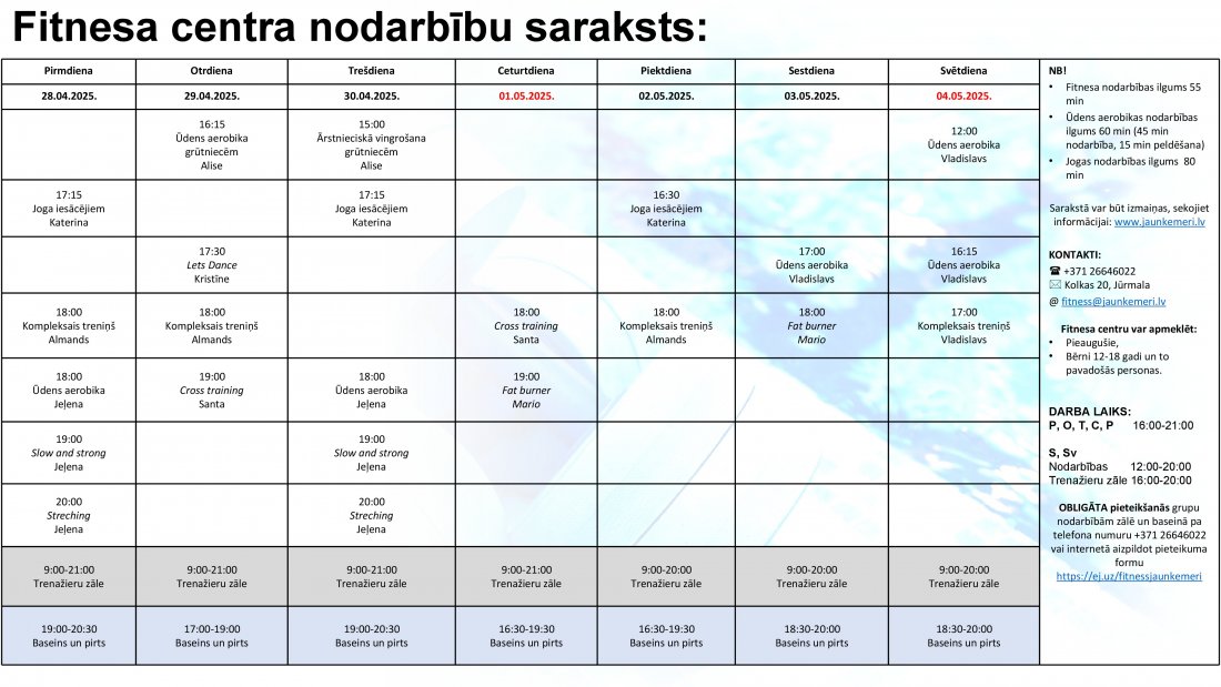 Nodarbību saraksts no 28.04.2025.līdz 4.05.2025.