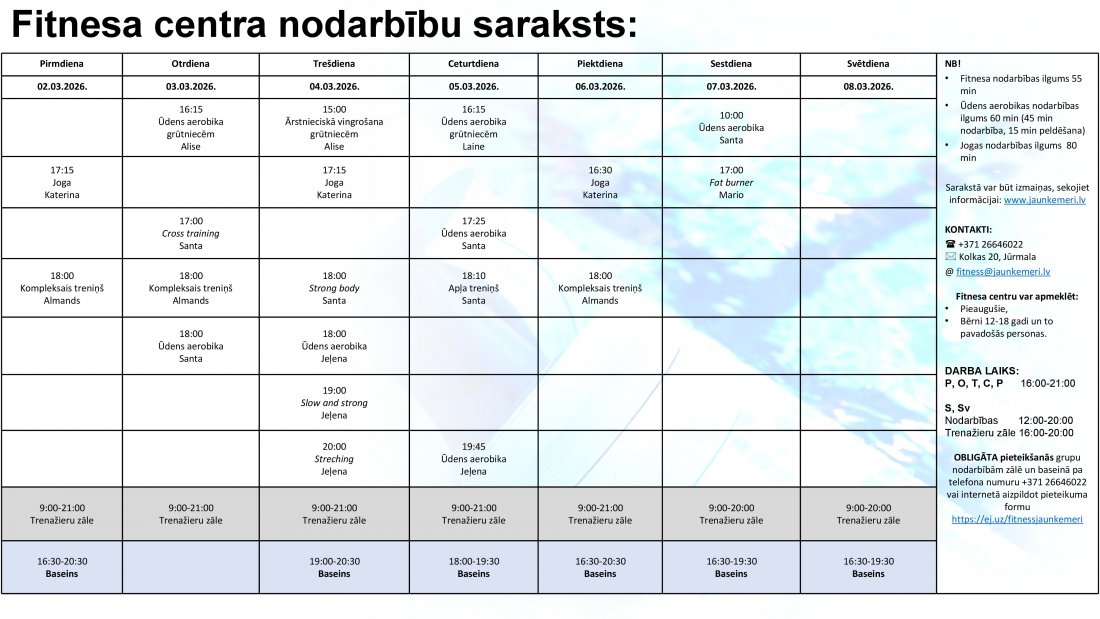 Nodarbību saraksts no 2.03.2026. līdz 8.03.2026.
