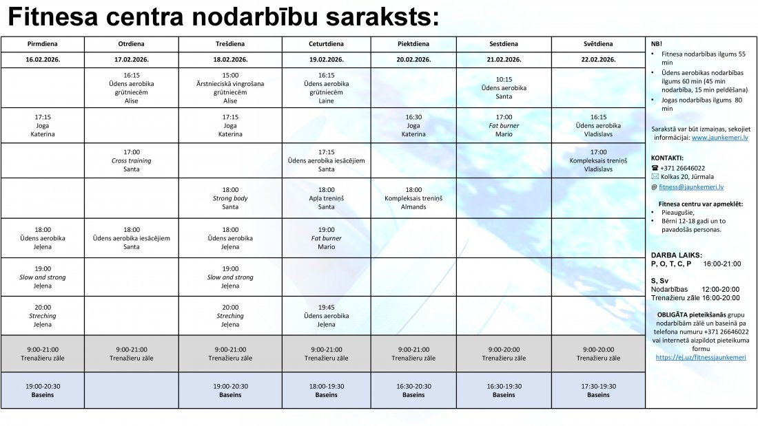 Nodarbību saraksts no 16.02.2026. līdz 22.02.2026.