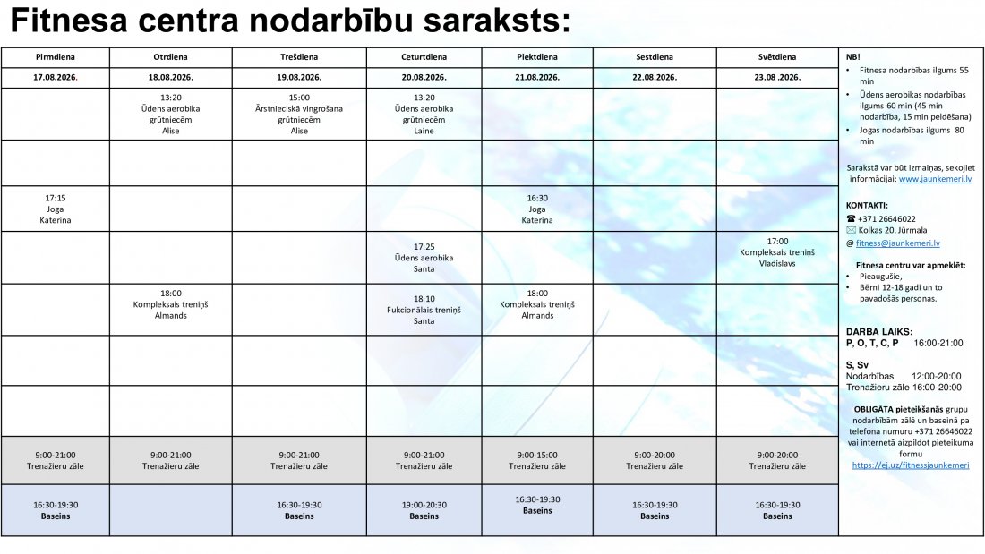 Nodarbību saraksts no 17.08.2026. līdz 23.08.2026.