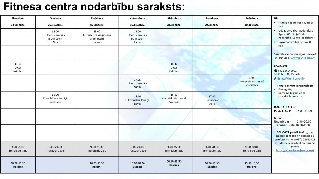 Nodarbību saraksts no 24.08.2026. līdz 30.08.2026.