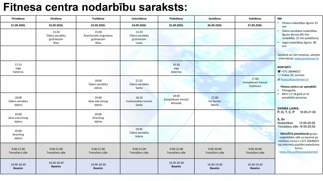 Nodarbību saraksts no 21.09.2026. līdz 27.09.2026.
