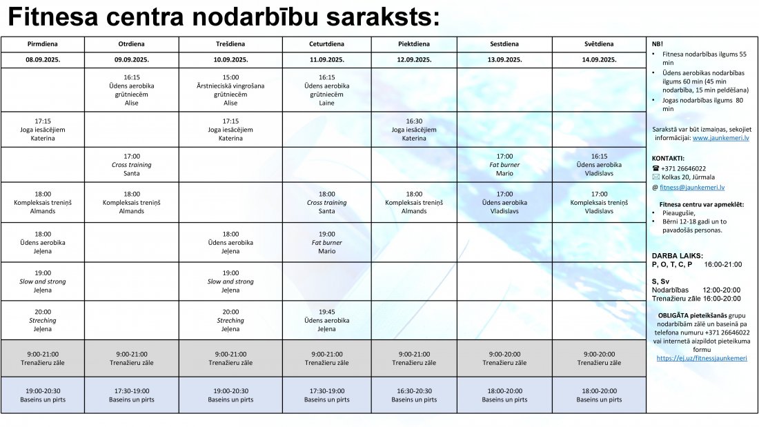 Nodarbību saraksts no 8.09.2025. līdz 14.09.2025.