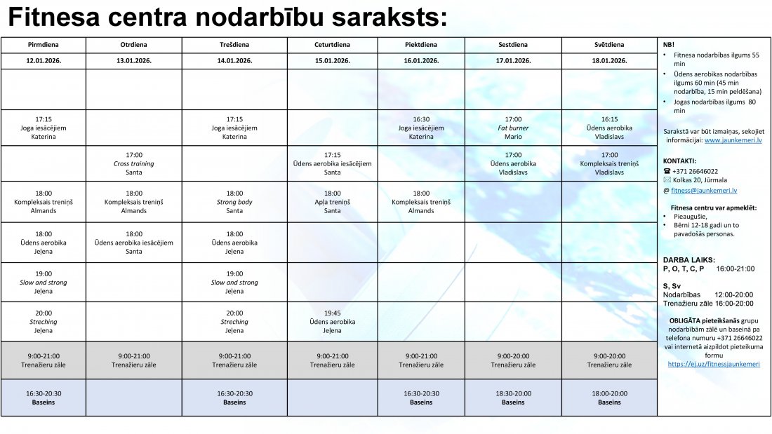 Nodarbību saraksts no 12.01.2026. līdz 18.01.2026