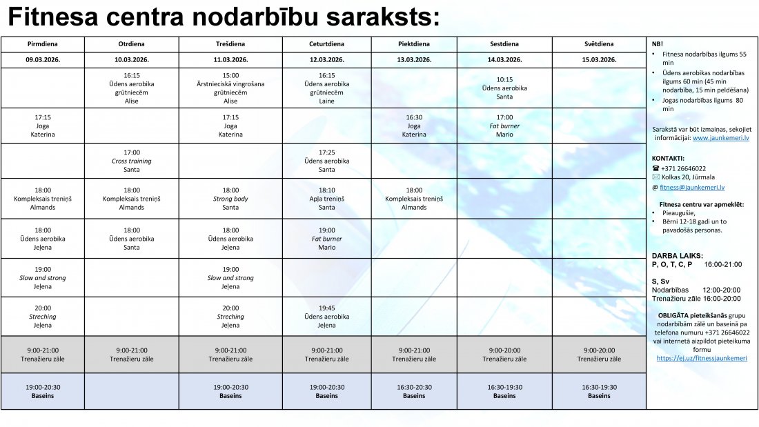 Nodarbību saraksts no 9.03.2026. līdz 15.03.2026.