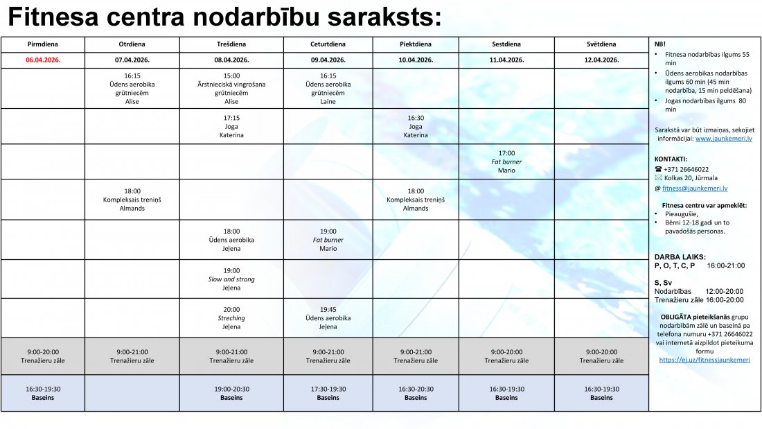 Nodarbību saraksts no 6.04.2026. līdz 12.04.2026.