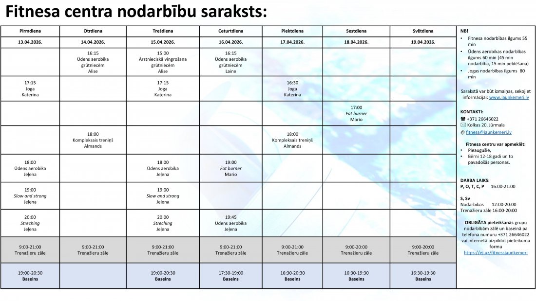 Nodarbību saraksts no 13.04.2026. līdz 19.04.2026.