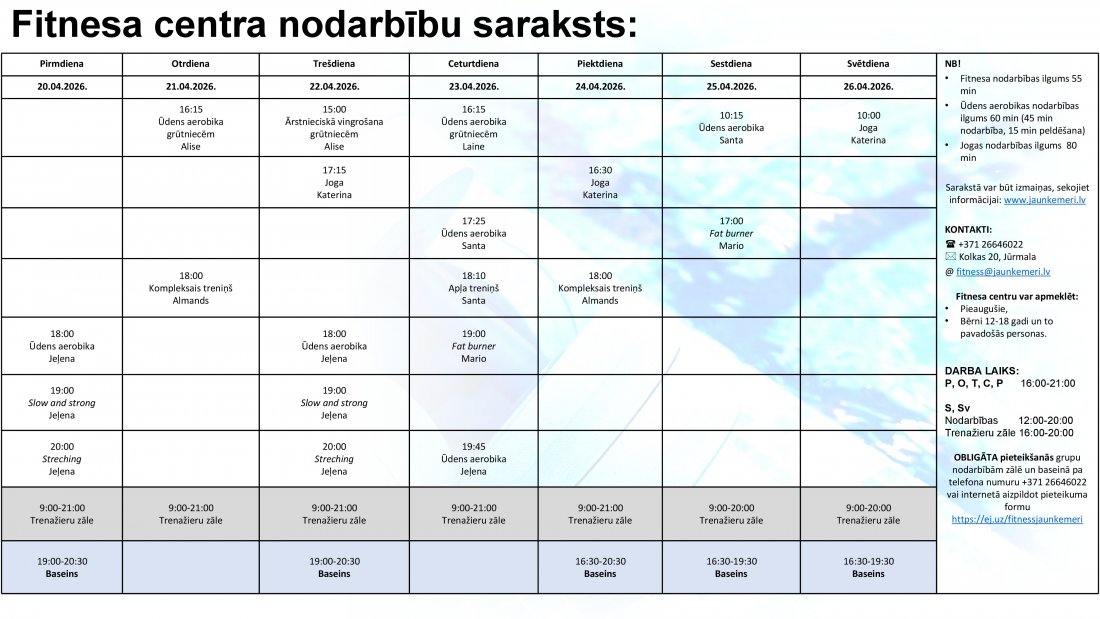 Nodarbību grafiks no 20.04.2026. līdz 26.04.2026.