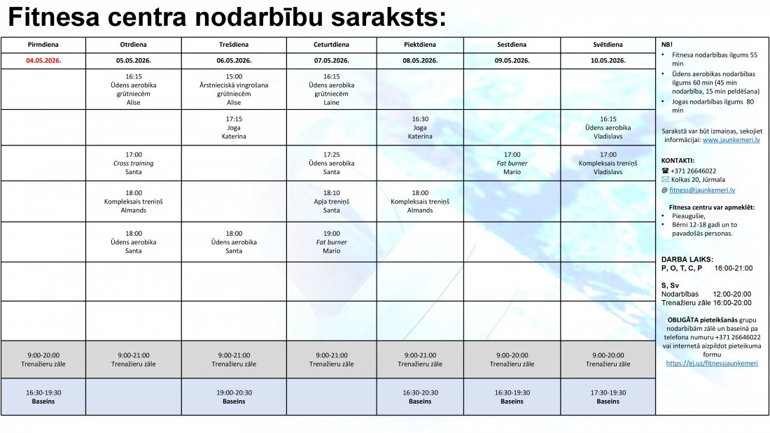 Nodarbību saraksts no 4.05.2026. līdz 10.05.2026.