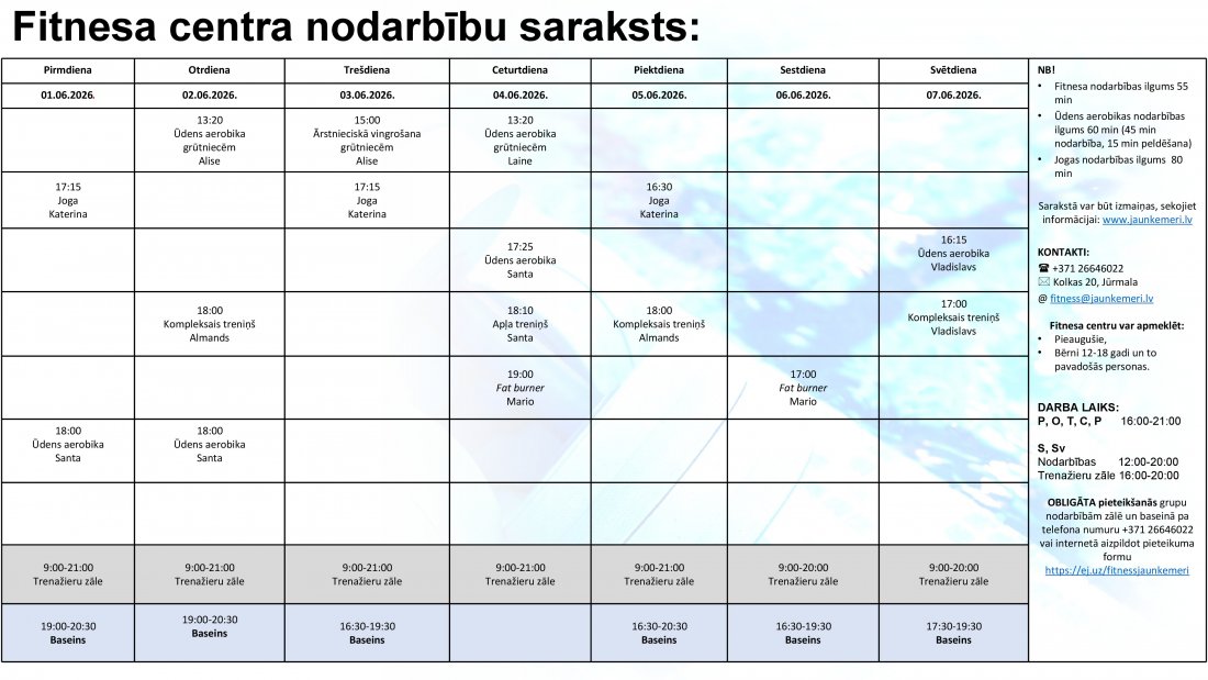 Nodarbību saraksts no 1.06.2026. līdz 7.06.2026.