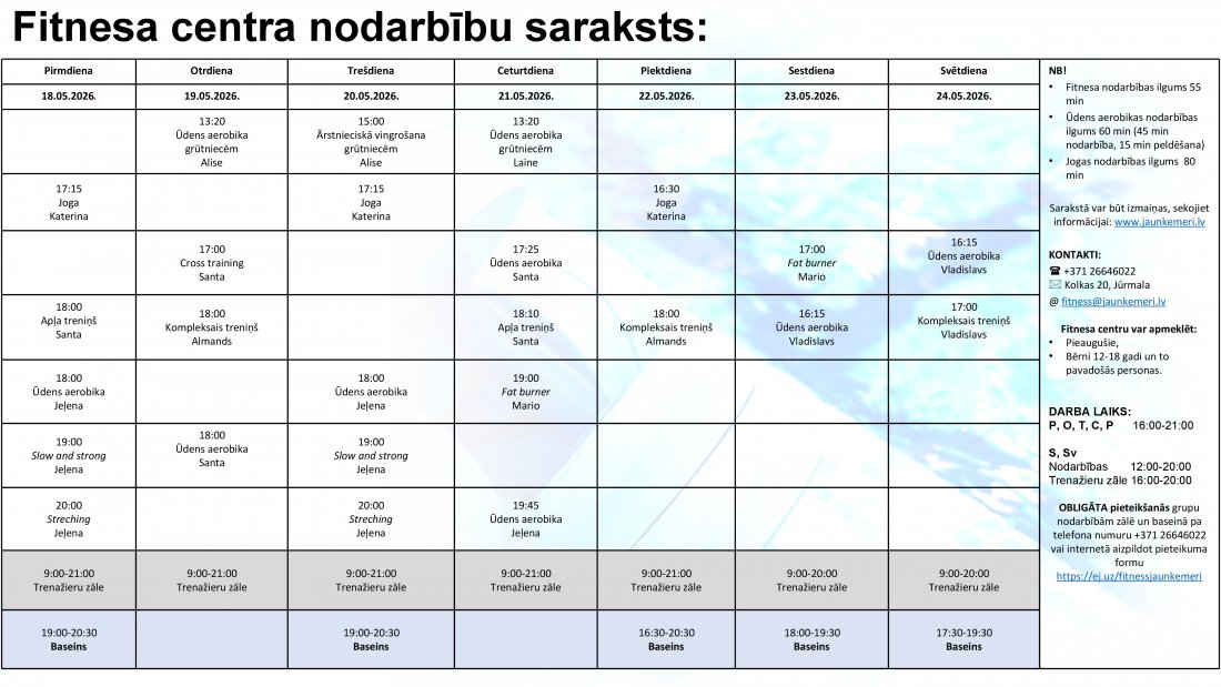Nodarbību saraksts no 18.05.2026. līdz 24.05.2026.