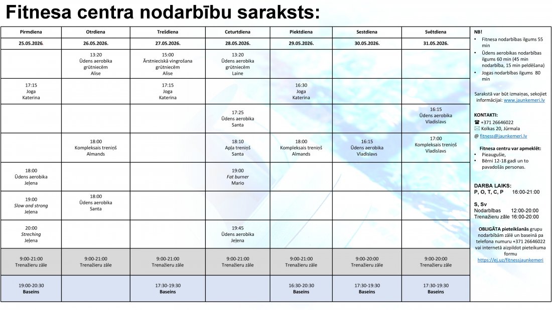 Nodarbību grafiks no 25.05.2026. līdz 31.05.2026.