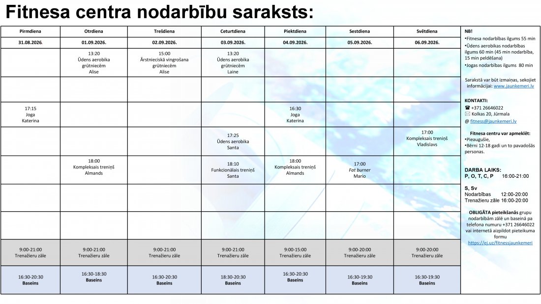 Nodarbību saraksts no 31.08.2026. līdz 6.09.2026.