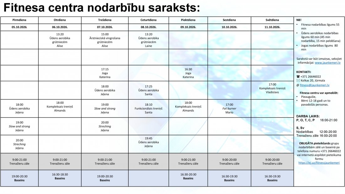 Nodarbību grafiks no 5.10.2026. līdz 11.10.2026.
