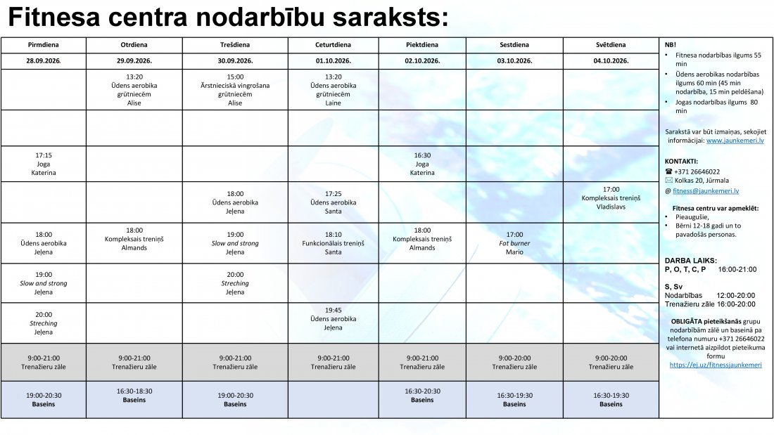 Nodarbību saraksts no 28.09.2027. līdz 4.10.20227.